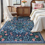 Moynesa Floral Washable Rug, Boho 5x7 Area Rugs for Living Room, Non Slip Large Dining Room Rug Under Table, Botanical Ultra Thin Floor Carpet for Bedroom Home Office, Blue