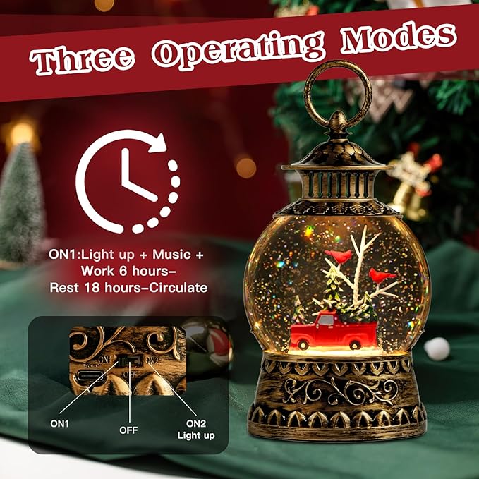 Christmas Snow Globe, Red Truck Musical Snow Globe Lantern Lights with 6H Timer Battery & USB Powered, Retro Style Holiday Glitter Globe for Xmas Home Decoration Holiday Party Gifts