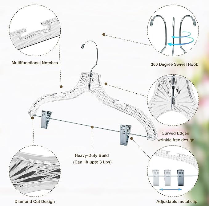 Quality Clear Plastic Skirt Hangers - 96 Pack Crystal Cut for Skirt, Pant, Dress, Suit, Coat Hangers Heavy Duty & Nonslip Design Adjustable Clips, Swivel Hook, 17" inch