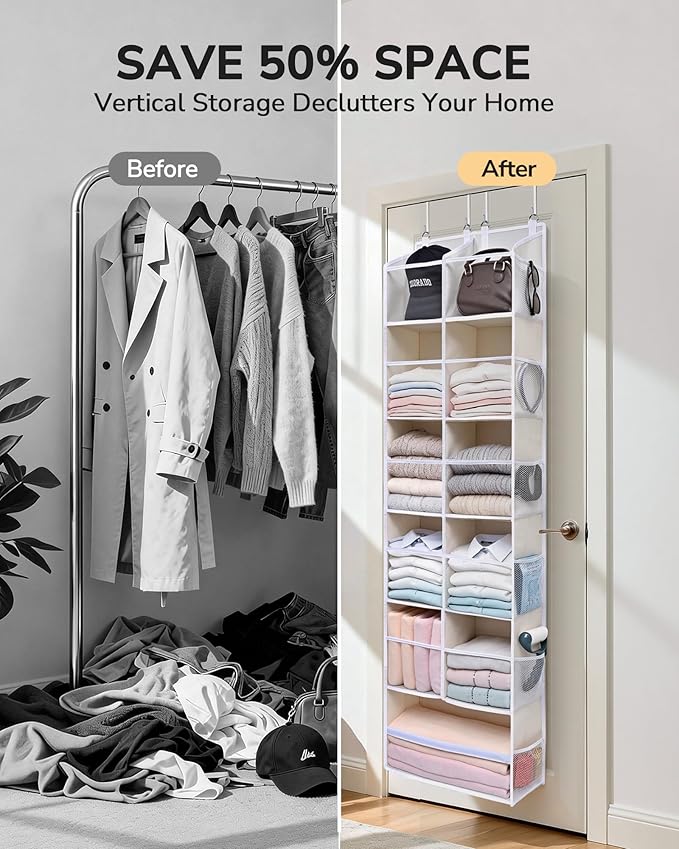 ULG Over the Door Organizer, 6-Tier Hanging Storage with Clear Windows, 19 Pockets for Closet, Pantry, Bathroom & Nursery Doors, Extra Large Storage Space with 4 Hooks