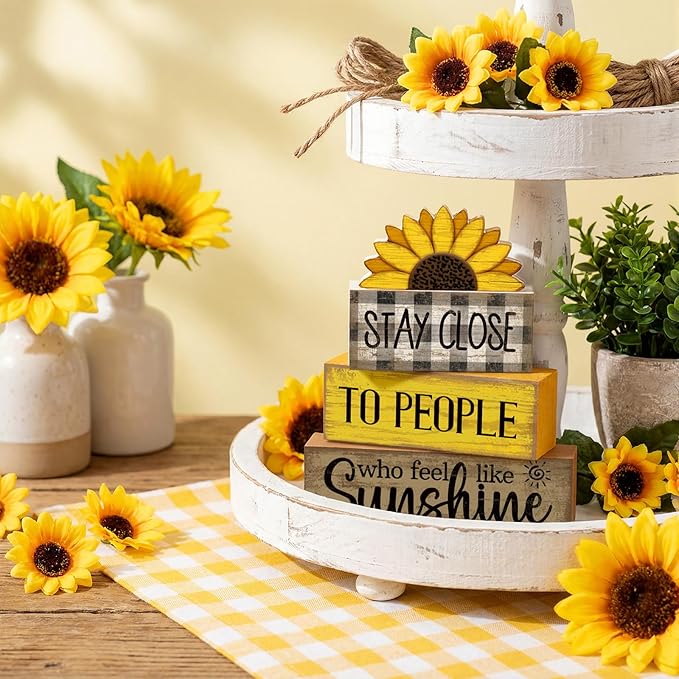 Lineshading 4 Pcs Farmhouse Sunflower Table Decorations Stackable Rustic Wooden Sunflower Block Signs Summer Tiered Tray Decor Centerpiece Rustic Country Sunshine Themed Decor for Home Mantel Shelf