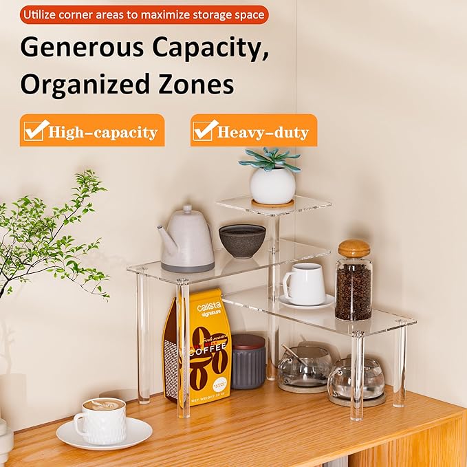 Sezanrpt Clear Countertop Corner Organizer Shelf 16.9x16.9x15.6 inch, 3 Tier Acrylic Organizer Corner Shelf for Bathroom, Kitchen, Study Room, Spice Jars, Coffee Bar, Dresser Table, Books