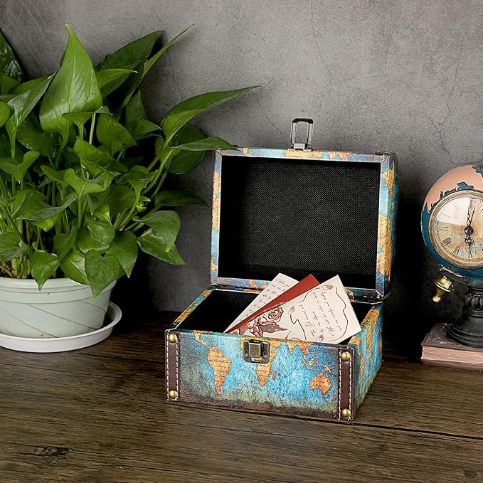 ELLDOO Decorative Treasure Chest Box, Wooden + PU Leather Storage Box for Jewelry Trinkets, Keepsakes box for Girls Women Gifts (Green Map Pattern)