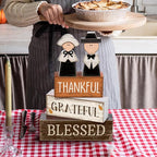 Lineshading 4 Pcs Fall Table Decoration Wooden Pilgrim Couple Decor Thanksgiving Tiered Tray Decor Fall Centerpiece Rustic Decorative Pilgrim Block Signs Gift Farmhouse for Home Kitchen Shelf