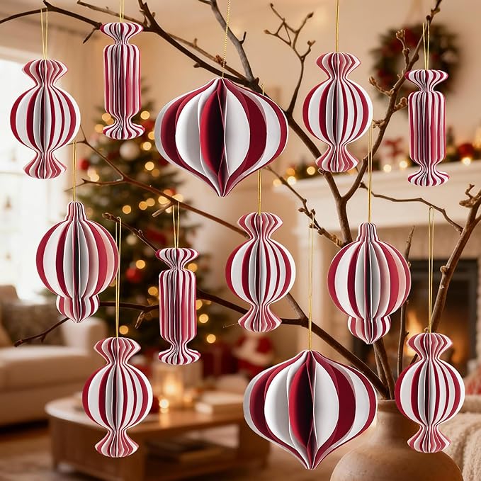 12Pcs Red and White Christmas Decorations, 3D Candy Paper Honeycomb Ornaments for Tree, Decorative Hanging Ornaments Craft Balls Honeycomb Lanterns for Xmas Tree New Year Holiday Party Home Decor
