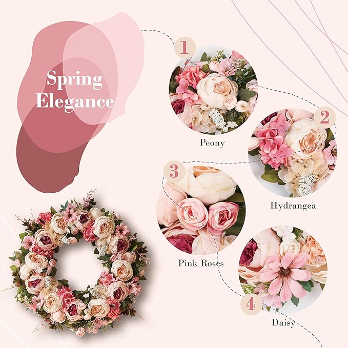 Peony Wreath 23'' Spring Wreaths for Front Door, Artificial Large Floral Wreath for Front Door Wall Decor, Valentine’s Day Home Wedding Housewarming Gift EZsenses (Light Pink)