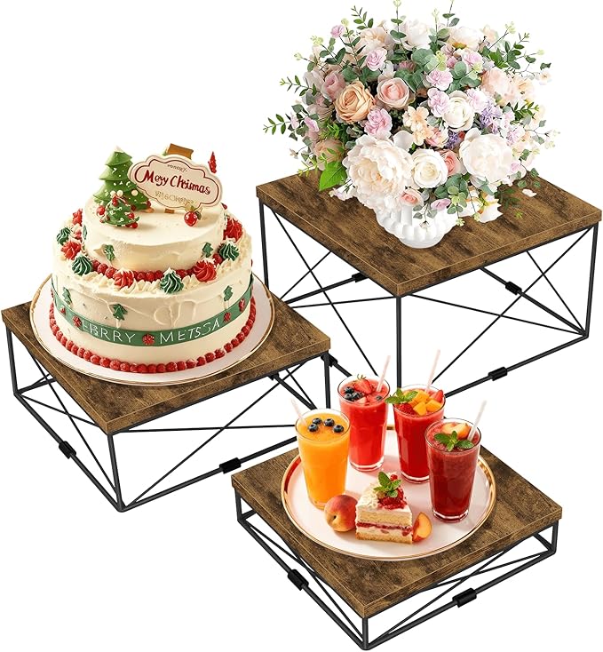 ELITEROO Buffet Risers, Wood Food Riser for Buffet Table, 3Pcs Dessert Table Display Set for Catering Supplies, Square Risers Display Stands for Wedding Party Decor, Rustic Brown, 8"x9"x10"