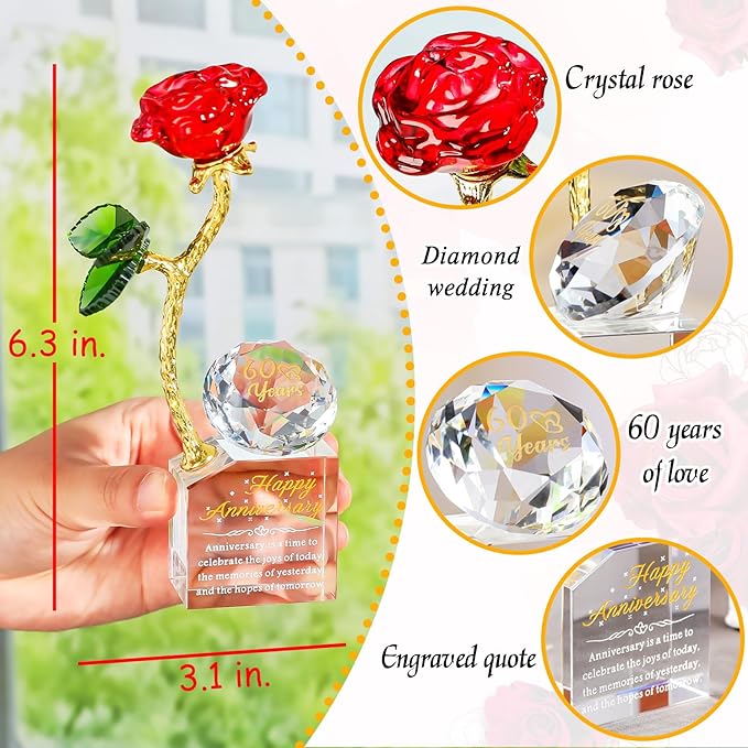 YWHL 60th Wedding Anniversary Rose Gifts for Parents Grandparents, 60 Years Happy for Couples, Crystal Rose Figurine with Silver Diamond, Romantic Valentines Day Present for Her Him