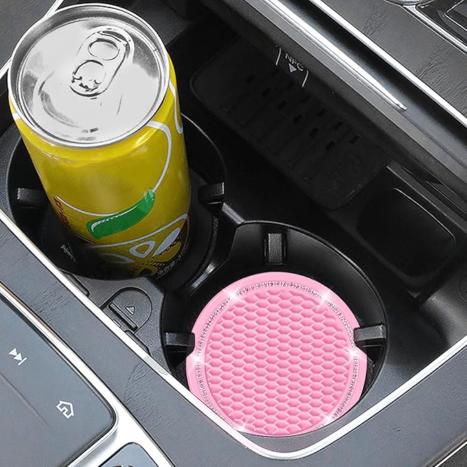 COCASES Car Coasters, 4 Pack Universal Vehicle Bling Car Coaster, Rhinestone Coaster for Cup Holders, Car Interior Accessories 2.75'' Silicone Car Coasters for Women(Pink, Pink Crystal Circle)