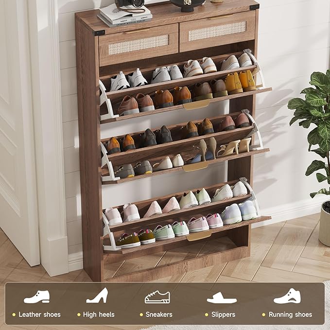 Shoe Cabinet with 3 Flip Drawers & 2 Drawers,Freestanding Shoe Storage Cabinet for Entryway,Farmhouse Narrow Slim Organizer Rack for Foyer,Hallway,Rustic Oak Rattan