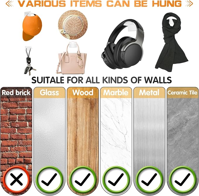 Adhesive Hat Hooks for Wall (16-Pack), Hat Hooks for Baseball Caps, Minimalist Hat Rack Design, No Drilling, Strong Hat Hangers, Hat Holder Organizer for Wall (White)