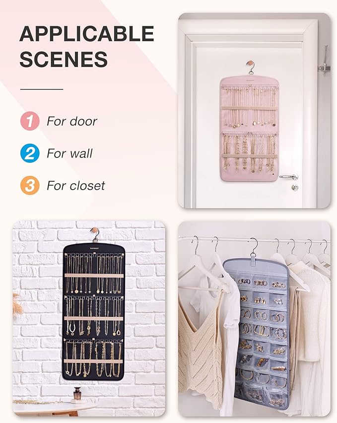 BAGSMART Hanging Jewelry Organizer, Necklace Holder Anti-tangle Earrings Rings Hanger with 10 Jewelry Bags Travel Storage Roll with Pockets Hang on Closet, Wall, Door,1 Piece, Small, Black