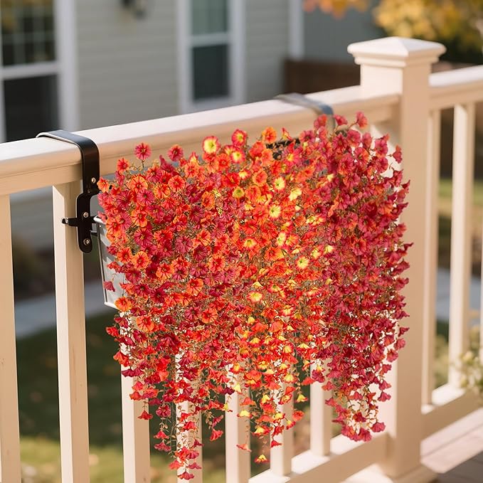 Artificial Fall Hanging Flowers for Decoration, 2pcs Long Vine Fake Flowers Plants Morning Glory, Realistic Faux Petunias for Planter Patio Porch Garden Autumn Outdoors Dec, Orange Red