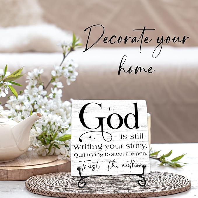 God Is Still Writing Your Story Wooden Sign - 5" Christian Wooden Plaque With Metal Support - Rustic Tabletop Home, Office Room Decor - Gifts For Family & Friends - A05