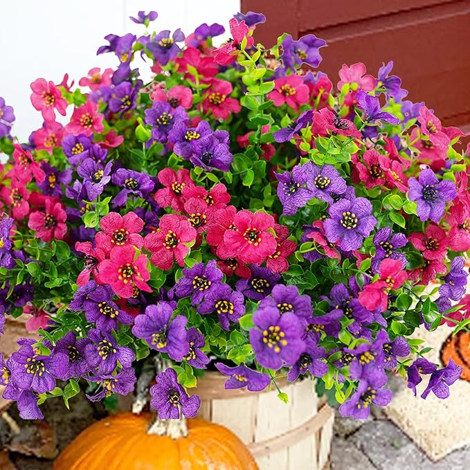 Artificial Flowers for Outdoor, UV Resistant Fake Silk Flowers, Realistic Faux Plants for Outside Indoor Porch Patio Window Box Planter Home Decor (14, Purple Rosy)