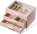 pickpiff Jewelry Box Organizer Case for Women: 3-Layer Jewelry Storage Case with Glass Window, Pink Leather with Velvet Holder for Ring Necklace Bracelet Brooch Watch, Great Gift for Her