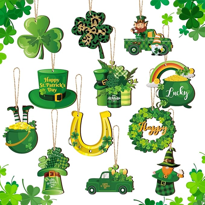 Sintuff 36 Pieces St. Patricks Day Decorations Wooden Shamrock Ornaments for Tree St Patricks Day Ornaments Irish Hanging Decorations for Party