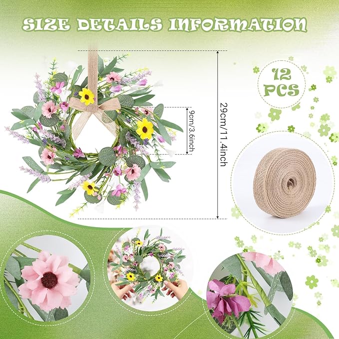12 Pcs 3inch Spring Summer Artificial Flowered Wreath Mini Floral Wedding Candle Rings Wreaths Kitchen Cabinet Swags Wreath Pillar Candle Holder for Wedding Spring Summer Home Door Tabletop Decoration