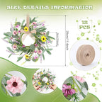 12 Pcs 3inch Spring Summer Artificial Flowered Wreath Mini Floral Wedding Candle Rings Wreaths Kitchen Cabinet Swags Wreath Pillar Candle Holder for Wedding Spring Summer Home Door Tabletop Decoration