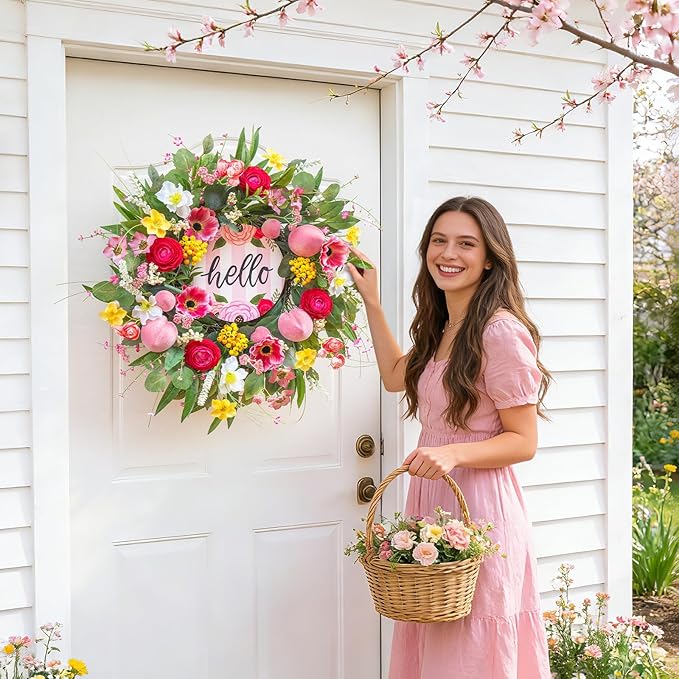 Spring Summer Wreaths for Front Door 24 Inch with Cherry Blossom,Pink Roses & Hello Sign,Summer Door Wreath for Entryway,Porch & Home Décor Indoor Outdoor