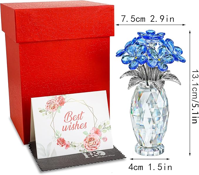 H&D HYALINE & DORA Blue Crystal Forget Me Not Flower Figurine,Flower Gifts for Women,Crystal Glass Flower Collectible Ornaments for Home Decor Table Centerpiece