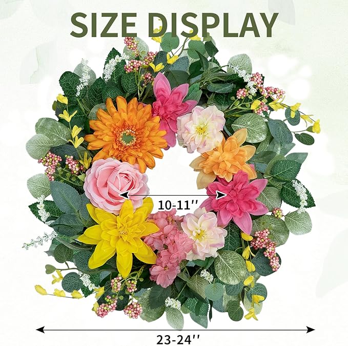 Spring Wreaths for Front Door 24 Inch,Outdoor Front Door Wreath with Florals Peony & Rose, Artificial Spring Summer Wreath for Porch Garden Wall Window Farmhouse Indoor Outdoor Home Decor
