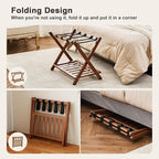 Fully Assembled Luggage Rack, Walnut Luggage Rack for Guest Room, Bamboo Folding Suitcase Stand with Storage Shelf, 5 Nylon Straps, Heavy Duty Luggage Holder for Bedroom Hotel, 1 Pack