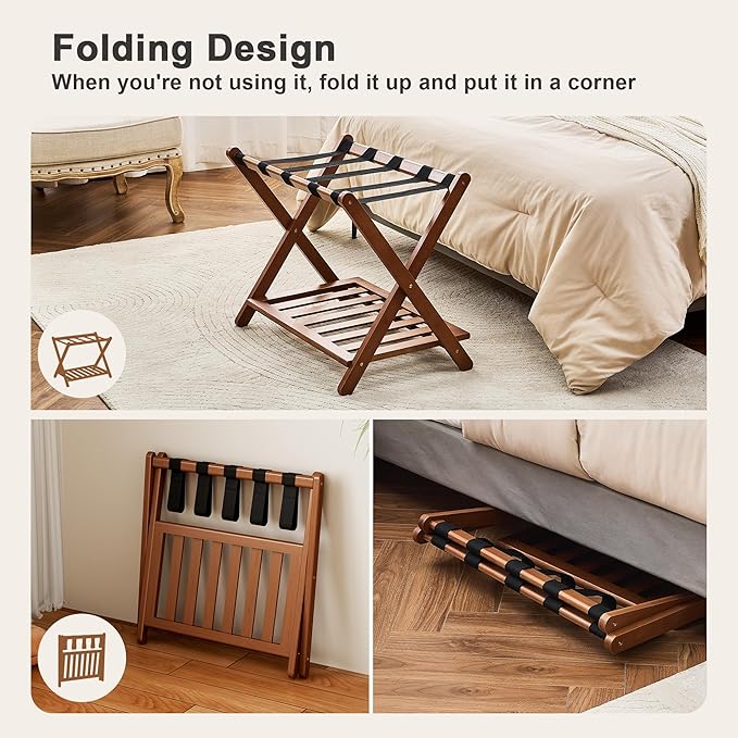 Fully Assembled Walnut Luggage Racks Set of 2, Bamboo Luggage Rack Stand for Guest Room, 5 Nylon Straps, 26.77" Folding Suitcase Stand with Storage Shelf for Bedroom Hotel, Holds up to 165 Lbs