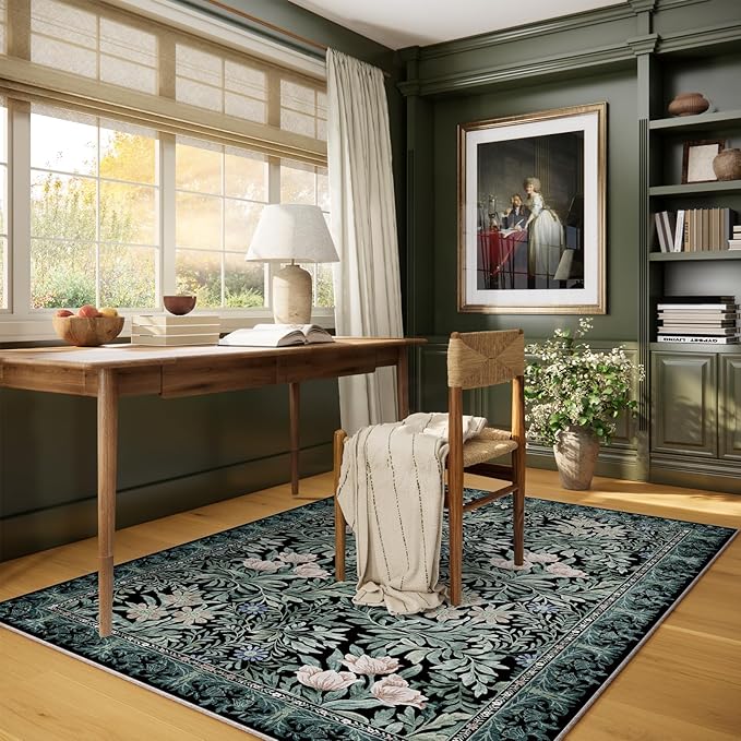 Washable Area Rugs 4x6 Black Green Vintage Floral Botanical Pattern,Perfect for Living Room, Bedroom, Kids Room, Nursery - Stain & Water Resistant Non-Slip, Pet & Child Friendly/Bedroom Decor