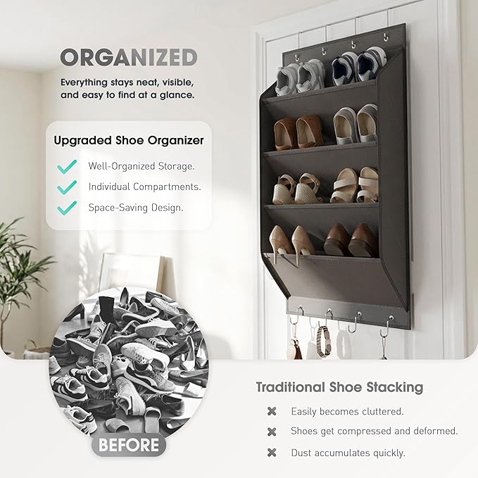 WVM Over The Door Shoe Organizer with Large Deep Pockets, Hanging Closet Shoe Rack for Large Shoes, Boots, Multifunctional Entryway Door Hanger with Hooks