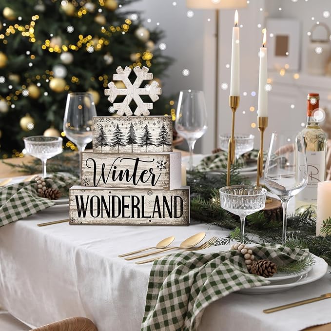 Lineshading 4 Pcs Winter Table Decorations Wooden Snowflake Decor Winter Tiered Tray Decor Rustic Snow Block Signs Gift Farmhouse Christmas Centerpiece for Wonderland Party Kitchen Home