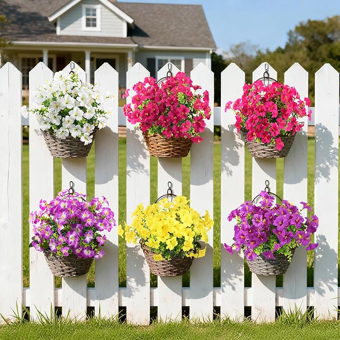 Artificial Fake Petunias Flowers for Outdoors Spring Decoration, 12 Bundles Faux Flower Plants UV Resistant Realistic Silk Flower for Outside Planters Patio Porch Yard Window Box (6 Mix Colors)