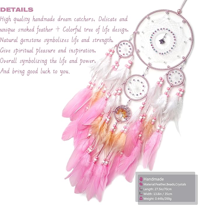 Large Dream Catchers, Boho Handmade Native Macrame Dream Catchers Wall Hanging for Bedroom Living Room Wedding Party Decor, Festival Blessing Craft Gift for Kids Boys Girls (Pink & White)