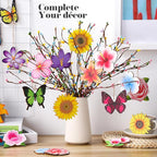 Colingmill 60 Pcs Summer Ornaments for Tree 3.15'' Summer Wooden Flower Butterfly Sunflower Ornaments Spring Wood Hanging Tree Decoration for Birthday Wedding Baby Shower Party Decoration
