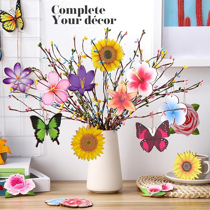Colingmill 60 Pcs Summer Ornaments for Tree 3.15'' Summer Wooden Flower Butterfly Sunflower Ornaments Spring Wood Hanging Tree Decoration for Birthday Wedding Baby Shower Party Decoration
