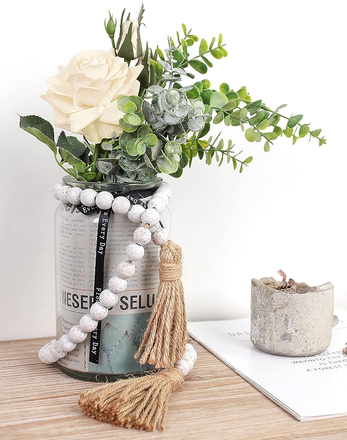 58in Wood Bead Garland with Tassels, Farmhouse Rustic Country Decor Prayer Boho Wall Hanging Decoration (Whitewash)