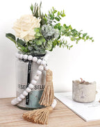 58in Wood Bead Garland with Tassels, Farmhouse Rustic Country Decor Prayer Boho Wall Hanging Decoration (Whitewash)