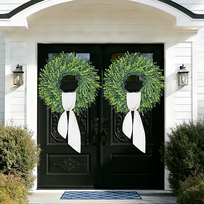 HUZIYAHAN 28In Large Boxwoods Door Wreaths for Front Door Spring Summer Outside All Season Green Year Round Artificial Greenery Wreath for Wall Window Rustic Farmhouse Home Outdoor Indoor Decorations
