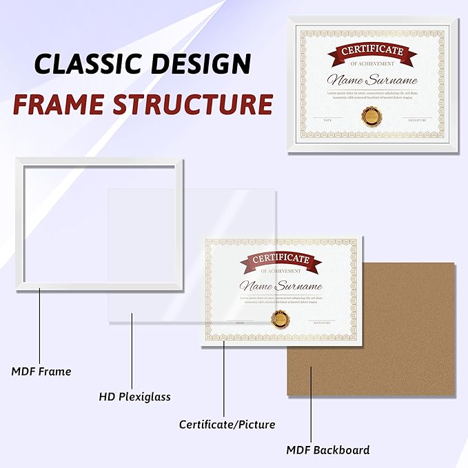 NEXCOVER Diploma Frame White 6 Pack, 8.5 x 11 Certificate Frame with HD Plexiglass, 8.5 by 11 Picture Frames for Documents, Photos, Posters, Artworks, Horizontal and Vertical Wall Display