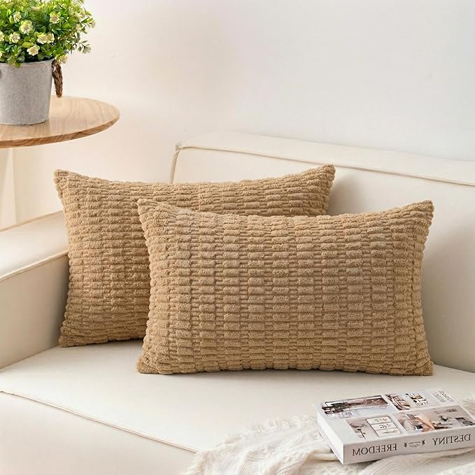 Aegero Pack of 2 Corduroy Decorative Throw Pillow Covers 12x24 Inch Soft Striped Pillow Covers Modern Farmhouse Home Decor for Sofa Living Room Couch Bed（Coffee）