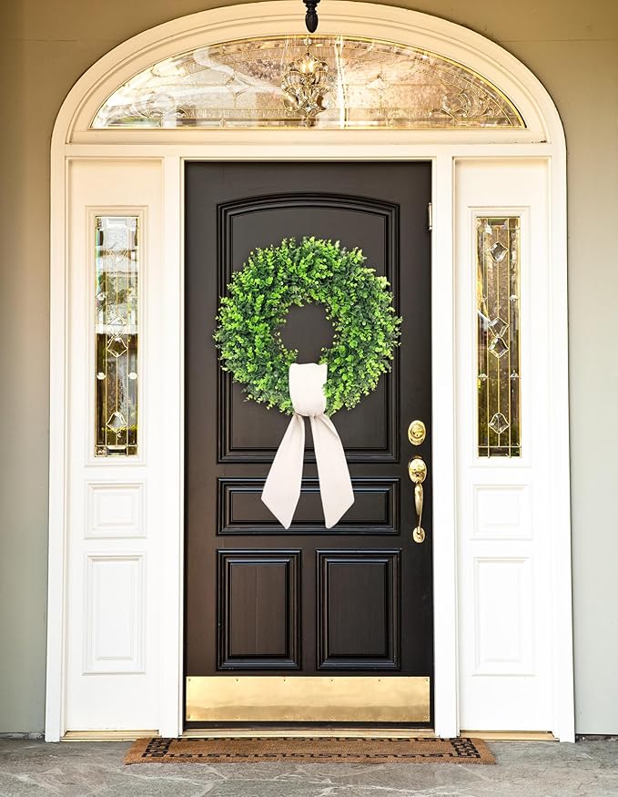 24-26'' Large Boxwood Wreath for Front Door, Porch, Window - Foldable Greenery Boxwood Wreaths for Farmhouse Wedding Indoor Outdoor Decor - Spring, Summer, Fall, All Seasons (with Sash)