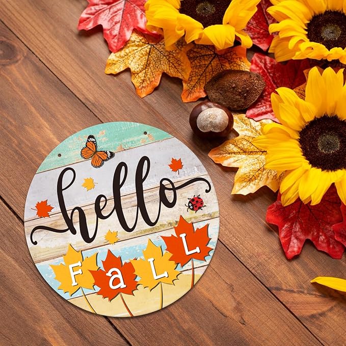 PETCEE Hello Fall Door Sign - 11.5" Farmhouse Maple Leaf Front Door Decor Welcome Hanger Wreaths for Home Office Autumn Fall Decor Wall Decorations Reusable Seasonal Sign for Kitchen Classroom Porch