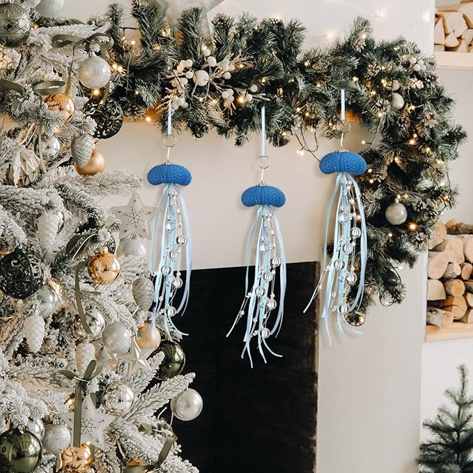 3 Pcs Sea Urchin Jellyfish Christmas Ornament Coastal Beaded Beach Theme Holiday Decor Ocean Inspired Hanging Jellyfish Decoration with Crystal and Ribbon (Dark Blue)