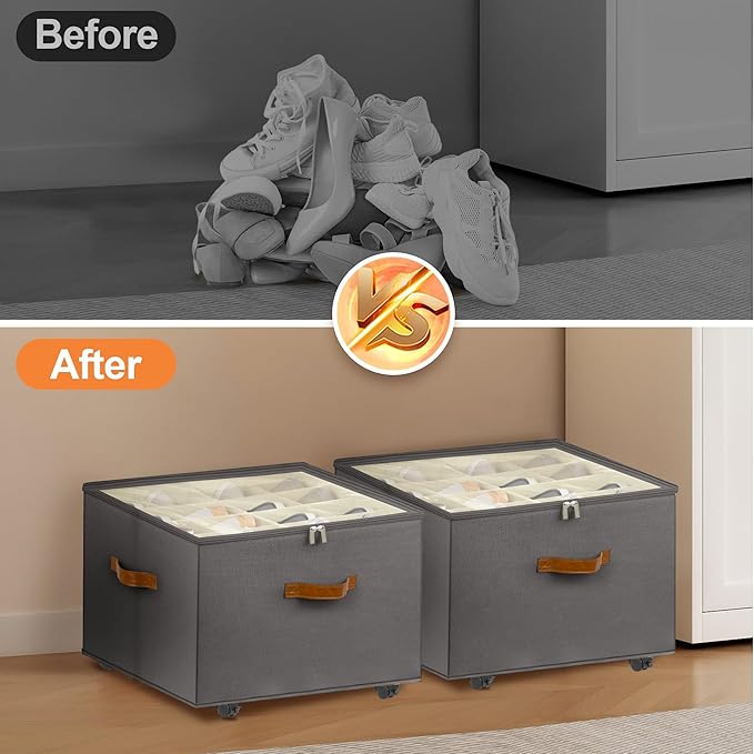 Shoe Organizer for Closet, 2 Pack Shoe Storage Organizer with Wheels and Adjustable Dividers, Stackable Shoe Storage Box with Clear Cover, Closet Shoe Organizer Fits up to 16-32 Pairs, Gray