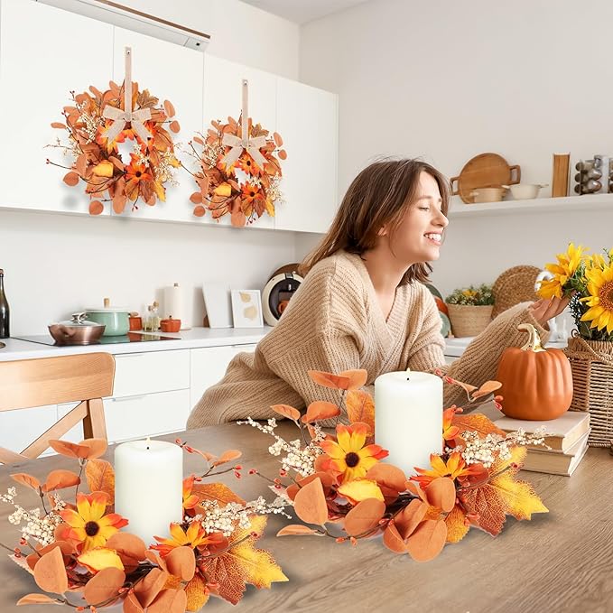 6 Pcs 3 Inch Fall Floral Wreaths Autumn Harvest Sunflowers Pumpkins Leaves Berries Hanging Candle Rings Wreath Mini Thanksgiving Table Centerpiece Wreath for Pillar Cabinets Farmhouse Decoration