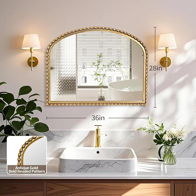 36x28 Inch Wide Arched Wall Mirror with Bold Antique Gold Beaded Frame, Decorative Mantel Mirror for Fireplace or Entryway, Horizontal Hanging Statement Mirror for Living Room Wall Decor