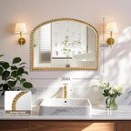 36x28 Inch Wide Arched Wall Mirror with Bold Antique Gold Beaded Frame, Decorative Mantel Mirror for Fireplace or Entryway, Horizontal Hanging Statement Mirror for Living Room Wall Decor