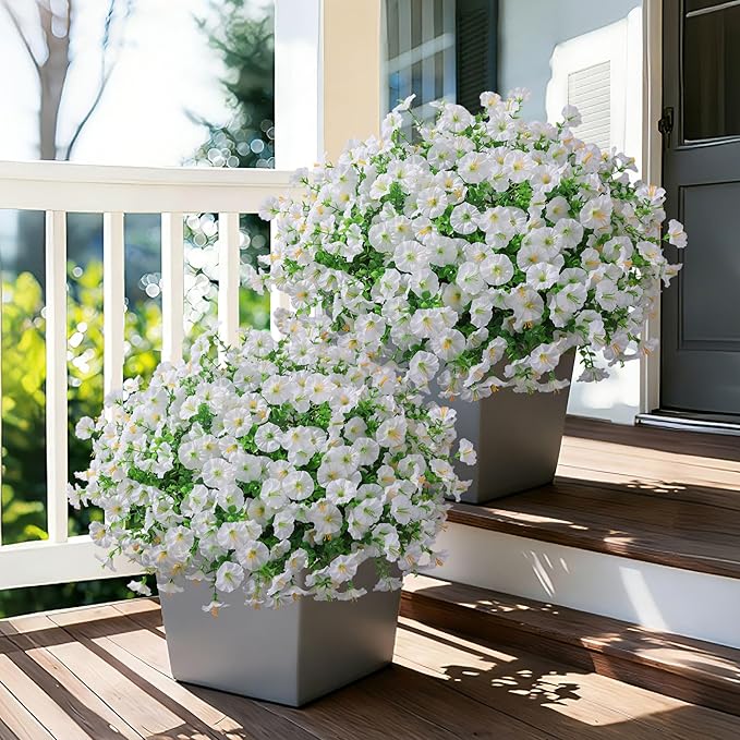 Ivydale 24 Bundles Artificial Flowers for Outdoors Spring Outside Decoration, Faux Silk Petunias White Fake Flowers Bluk Realistic UV Resistant Plants for Outdoor Planters Porch Patio Garden Yard Home