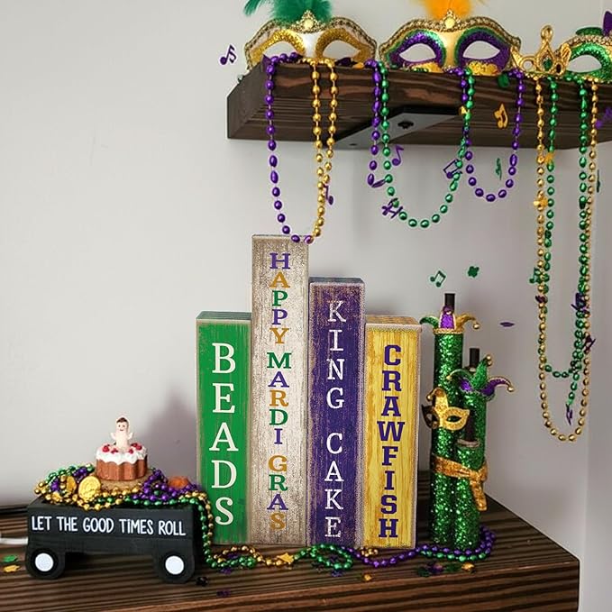 Lineshading 4 Pcs Mardi Gras Table Decor Rustic Wooden Book Sign Carnival Tiered Tray Decor Farmhouse Tabletop Sign Centerpieces for Mardi Gras Carnival Home Shelf Decoration