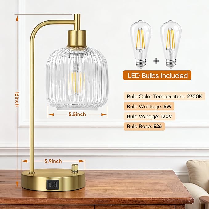 QiMH Industrial Table Lamp for Bedroom Set of 2, Clear Glass Beside Lamp with USB A&C Ports, Stepless Dimmable Gold Lamps, Nightstand Lamps for Living Room, Office, Home Decor(Bulb Included)